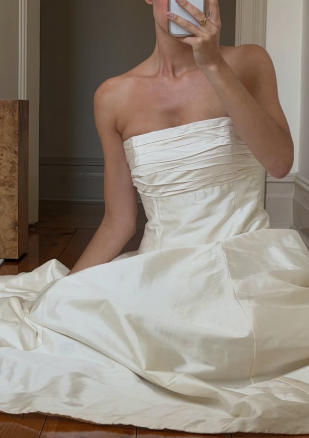 Vintage A Line Strapless Simple Ivory Satin Long Wedding Dress DP7696