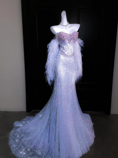 Dreamy Lilac Mermaid Strapless Beaded Feather Tulle Prom Dress Evening Dress DP6619