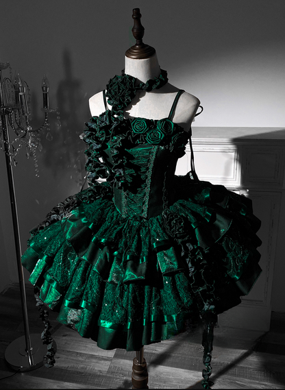 Green Roses Neckline Lolita Goth Boning Dress Sequins Tiered Ruffle Dress DP4492