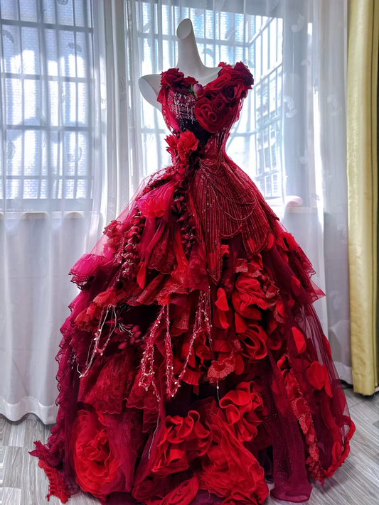 Exquisite Burgundy Ball Gown V Neck Floral Beaded Tulle Prom Dress 18th Birthday Dress DP4148