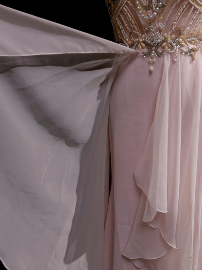 Elegant A Line Round Neck Beaded Pink Chiffon Long Open Back Prom Dress Party Dress DP2769
