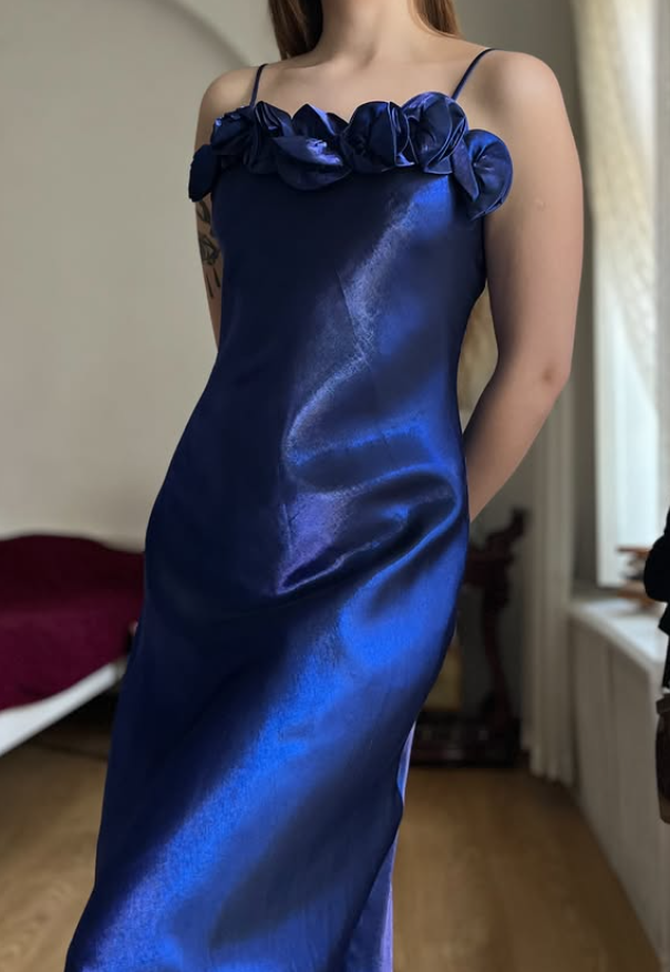 Dazzling Navy Blue A Line Straps Floral Satin Prom Dress Evening Dress Date Dress DP5703
