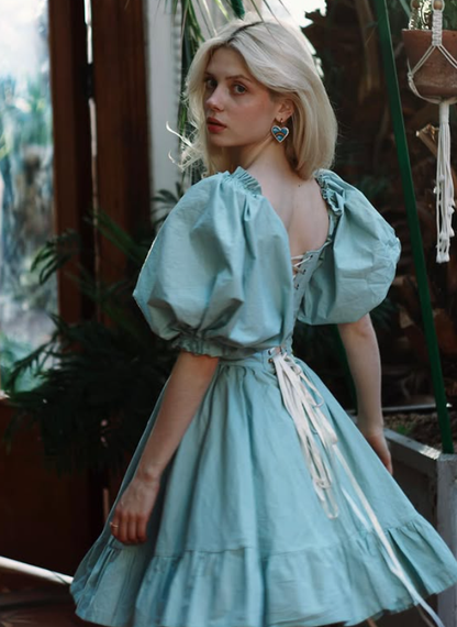 Blue A Line Puff Sleeve Corset Satin Short Prom Dress Homecoming Dress DP6346