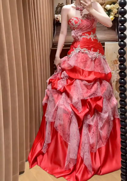 Glamorous A Line Sweetheart Neck Appliques Satin Tulle Prom Dress Evening Dress DP8251