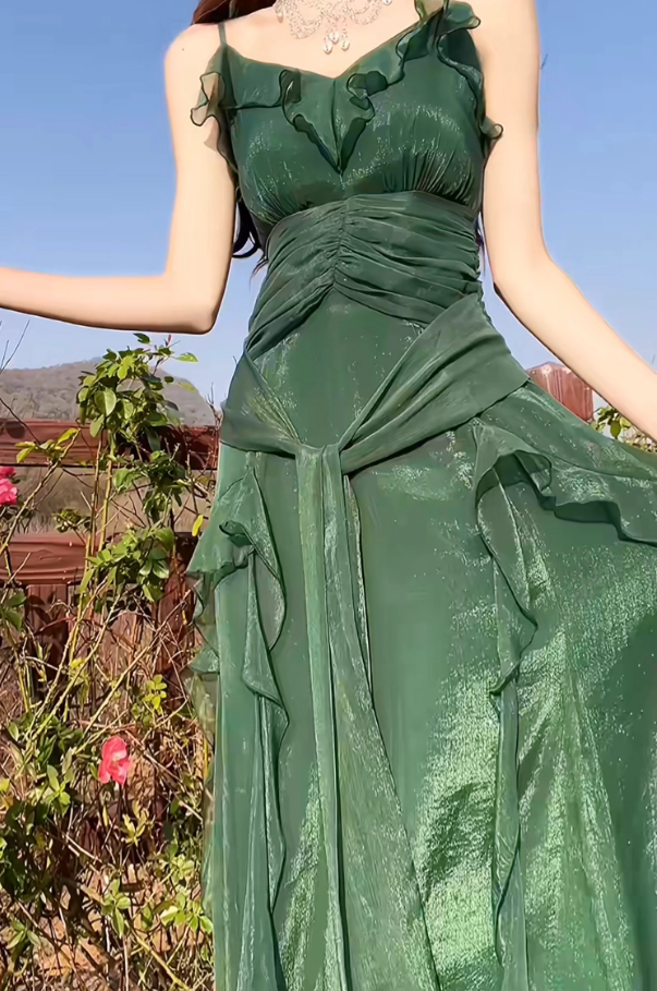 Flowy Dark Green Spaghetti Strap Ruffle Chiffon Prom Dress Evening Dress DP3562