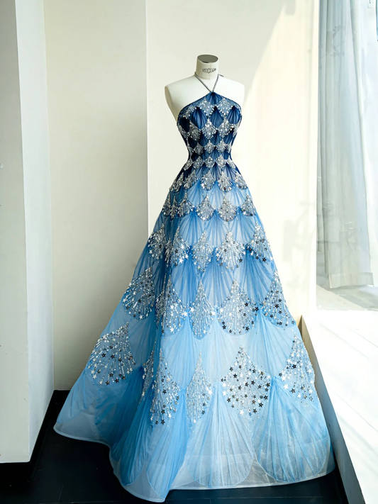 Blue Ombre A Line Halter Star Sequin Organza Prom Dress Party Dress DP2683