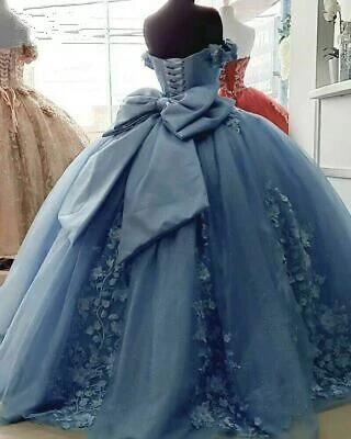 Sweetheart Tulle Applique Quinceanera Dress Blue Off Shoulder Long Prom Dress Bal Gown DP232