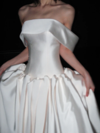 Elegant White Ball Gown Off the Shoulder Satin Long Train Wedding Dress DP8095