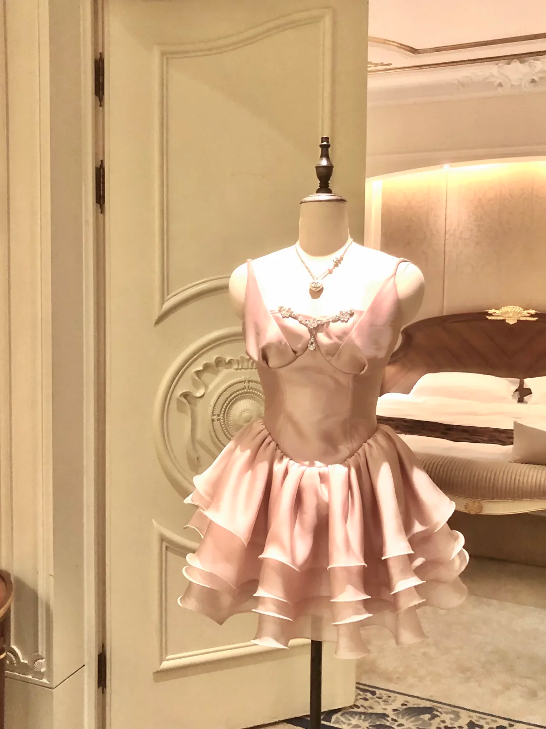 Princess A Line Straps Pink Satin Layered Chiffon Short Prom Dress Homecoming Dress DP5466