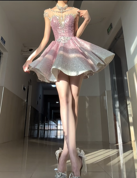 Cute Pink Ombre A Line Beaded Sequin Short Prom Dress Homecoming Dress DP4558