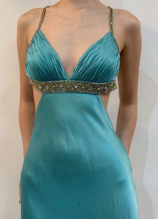 Vintage Sheath Spaghetti Strap Beaded Blue Satin Open Back Prom Dress Evening Dress DP1680