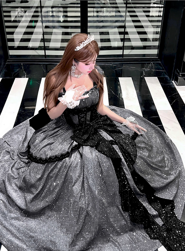 Stunning Black Bow A Line Sequin Lolita Goth Boning Dress Prom Dress DP4506