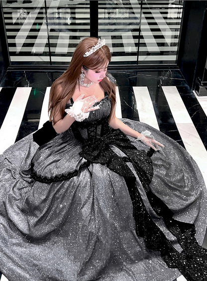 Stunning Black Bow A Line Sequin Lolita Goth Boning Dress Prom Dress DP4506