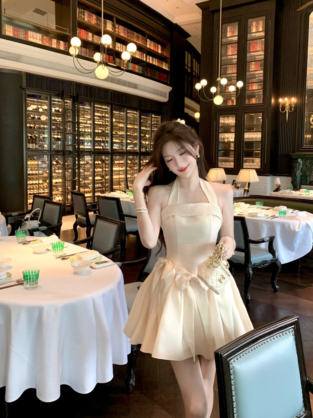Cute A Line Halter Light Champagne Satin Short Homecoming Dress with Bow DP2698