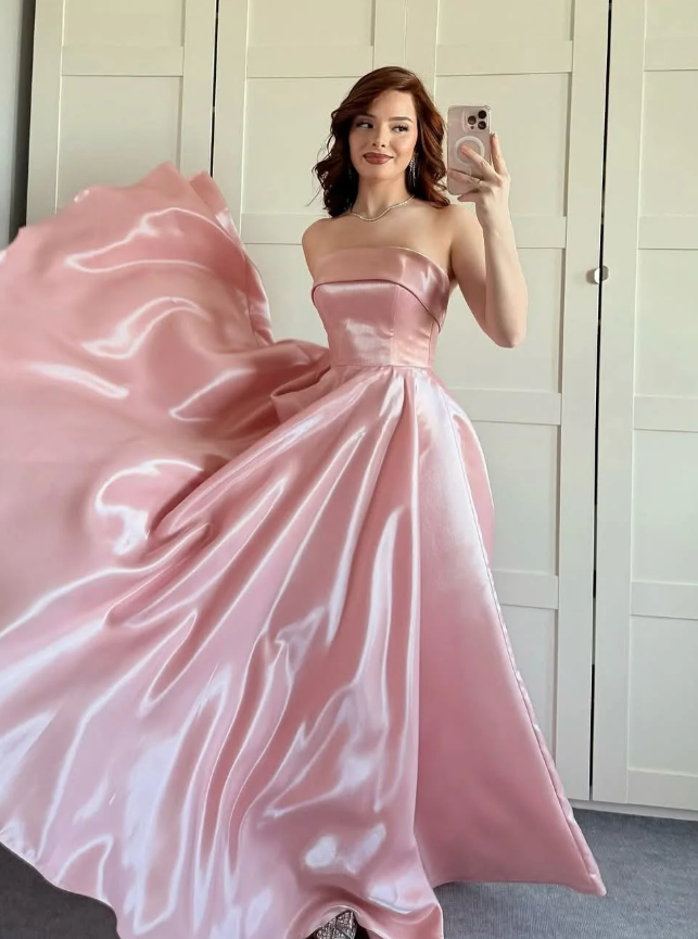Princess Pink A Line Strapless Satin Prom Dress Evening Dress DP5261