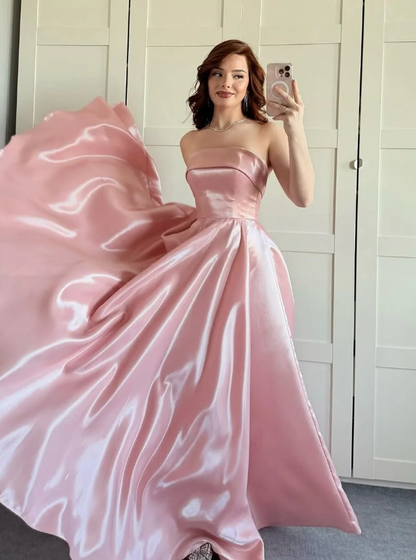 Princess Pink A Line Strapless Satin Prom Dress Evening Dress DP5261