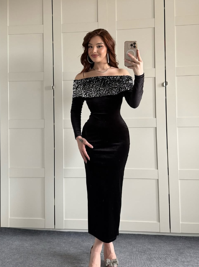 High-class Black Sheath Long Sleeve Sequin Velvet Prom Dress Party Dress DP6126