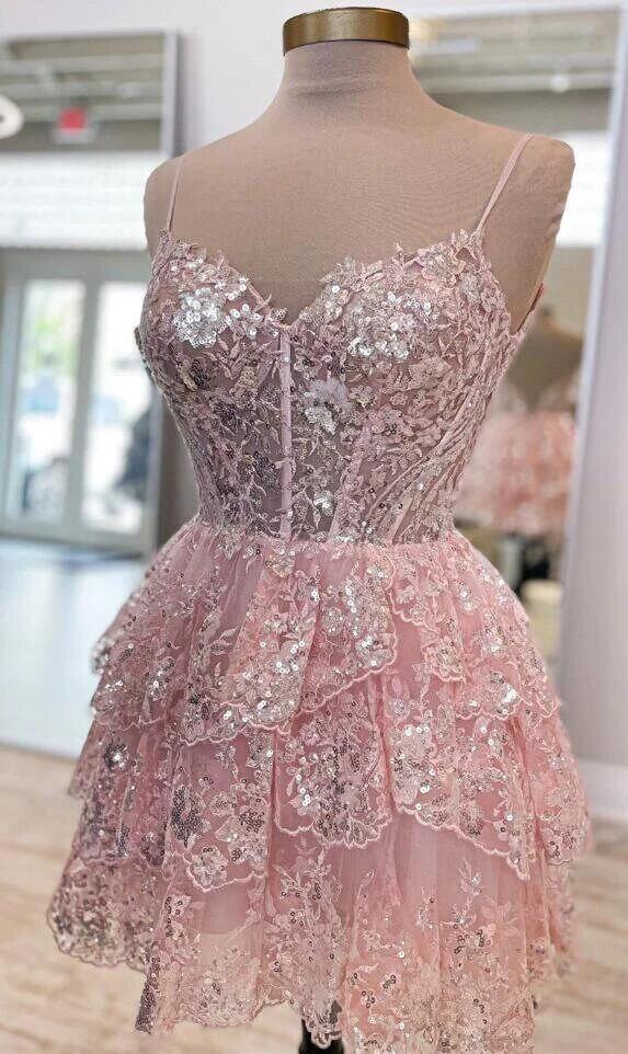 Pink Lace Straps Homecoming Dress Short Prom Dress DP581