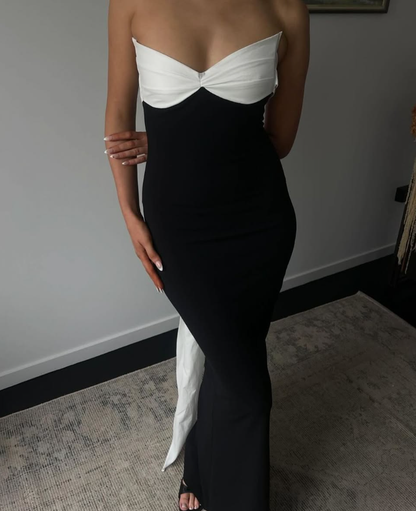 Sexy Sheath Strapless White Bow Black Satin Long Prom Dress Evening Dress DP1509