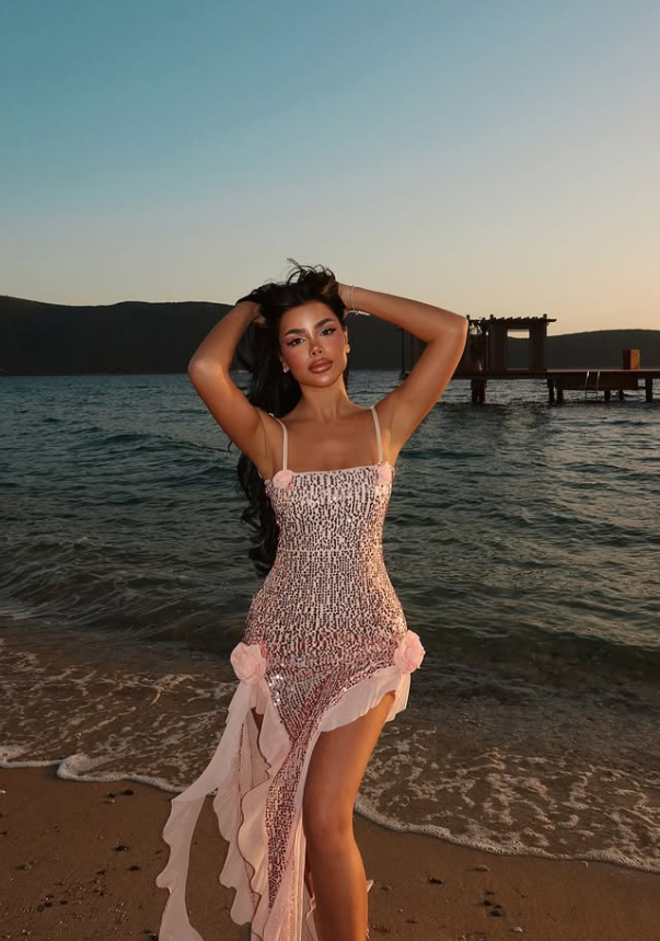 Pink Shiny Sheath Spaghetti Strap Ruffle Sequin Prom Dress Formal Dress with Slit DP3213