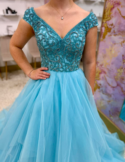 Romantic Blue A Line Off the Shoulder Beaded Tulle Long Prom Dress Evening Dress DP6569