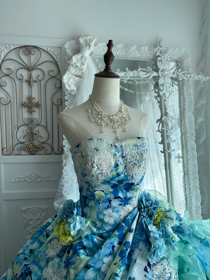Vintage Dreamy Blue Strapless Print Floral Organza Prom Dress Sweet 16 Dress DP5663