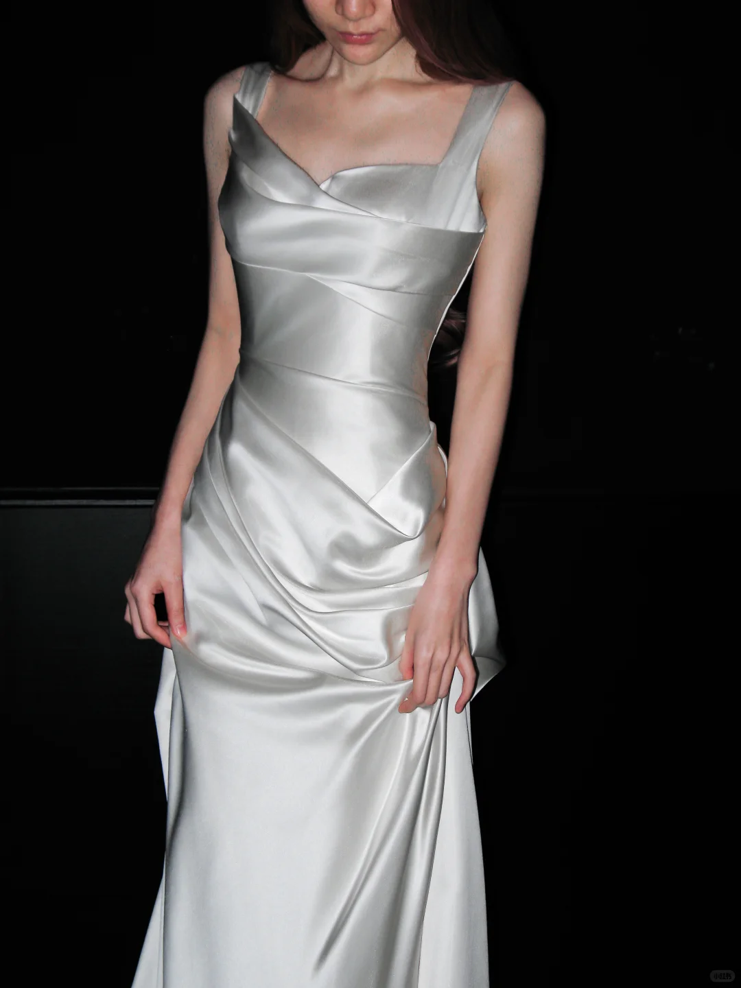 Classy White A Line Straps Satin Simple Pleated Long Wedding Dress DP4409