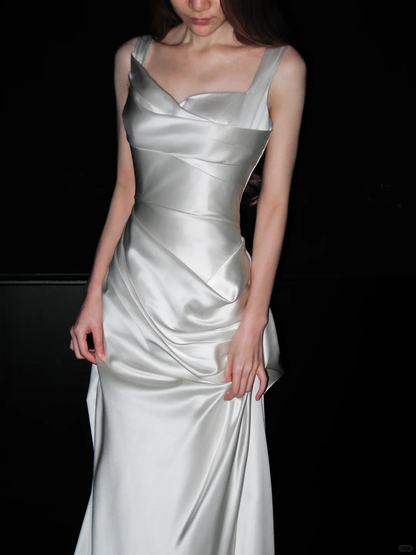 Classy White A Line Straps Satin Simple Pleated Long Wedding Dress DP4409