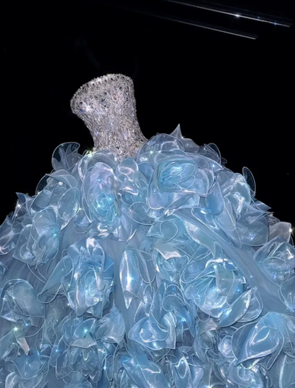 Exquisite Rhinestone Ball Gown Strapless Ruffle Blue Organza Prom Dress Quinceanera Dress DP6604