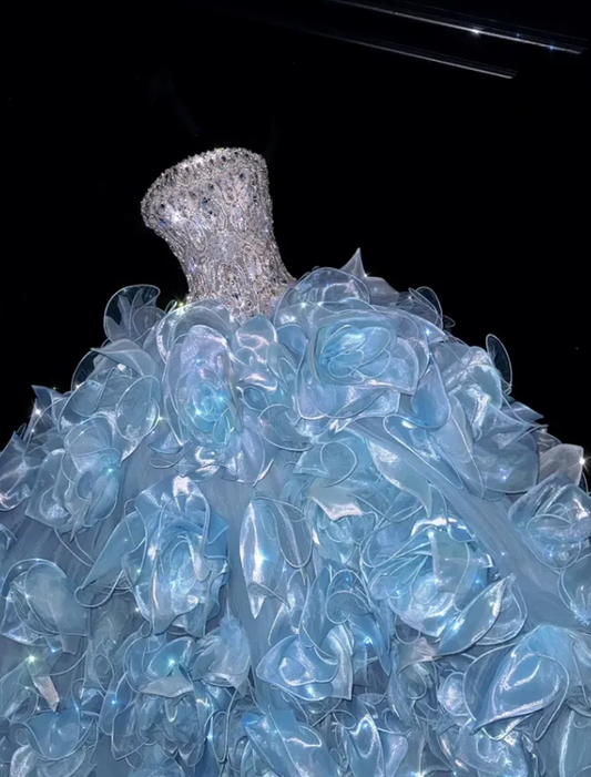 Exquisite Rhinestone Ball Gown Strapless Ruffle Blue Organza Prom Dress Quinceanera Dress DP6604