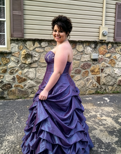Vintage Purple Ball Gown Strapless Embroidery Pleated Satin Prom Dress Graduation Prom Dress DP5104