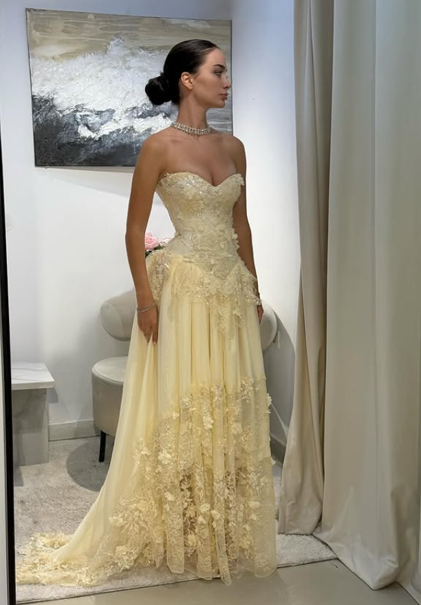 Yellow A Line Sweetheart Neck Lace Chiffon Prom Dress 16th Birthday Dress DP3713