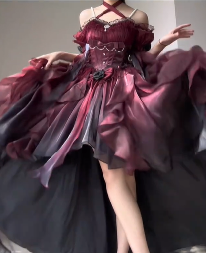 Stunning Black Red Ombre A Line Off the Shoulder Satin Prom Dress Graduation Ball Gown DP4565