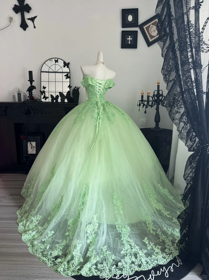 Green Ball Gown Off the Shoulder Bow Applique Tulle Prom Dress Quinceanera Dress DP6953