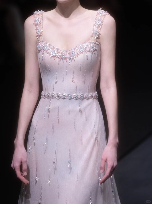 2025 Shiny A Line Straps Beaded Feather Tulle Prom Dress Evening Dress DP2798