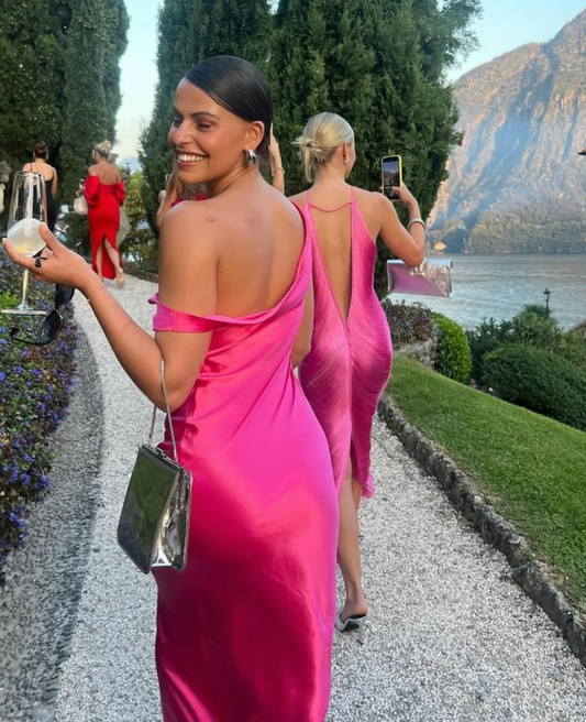Elegant Hot Pink Sheath Satin Long Evening Dress Prom Dress DP1299