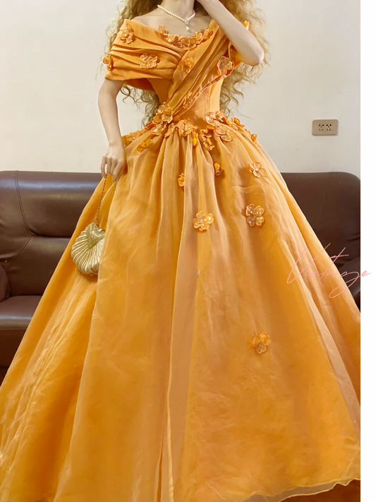 Vintage Ball Gown Off the Shoulder Floral Orange Satin Organza Prom Dress 22 Birthday Dress DP4075