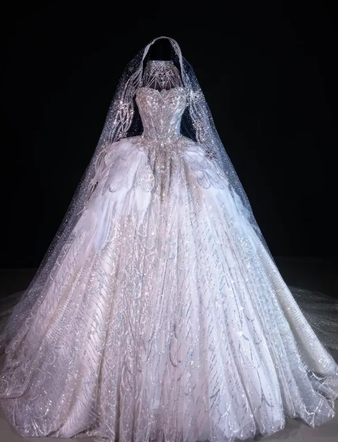 Luxurious Ball Gown Halter Layered Sequin Beaded Tulle Long Sweep Wedding Dress DP5052