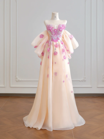 Classy A Line Strapless Pink Floral Organza Long Prom Dresses DP4181