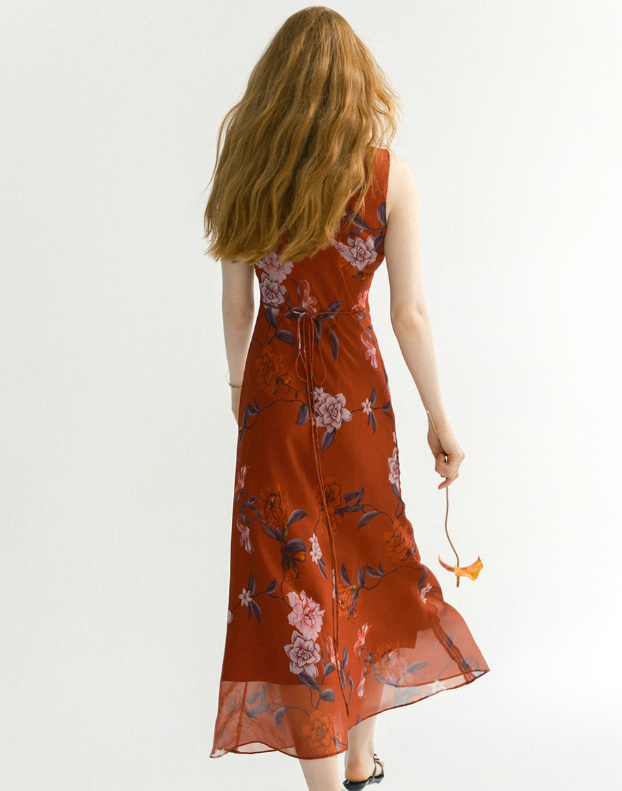 Vintage A Line V NecK Print Floral Red Chiffon Prom Dress Vacation Dress Outfits DP3654