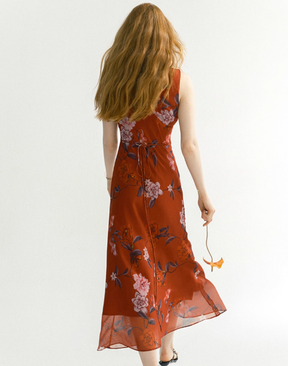 Vintage A Line V NecK Print Floral Red Chiffon Prom Dress Vacation Dress Outfits DP3654