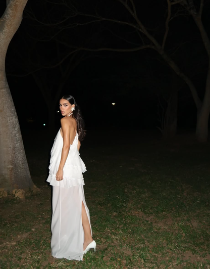 Simple Sheath Halter Tiered White Chiffon Prom Dress Evening Dress DP1908