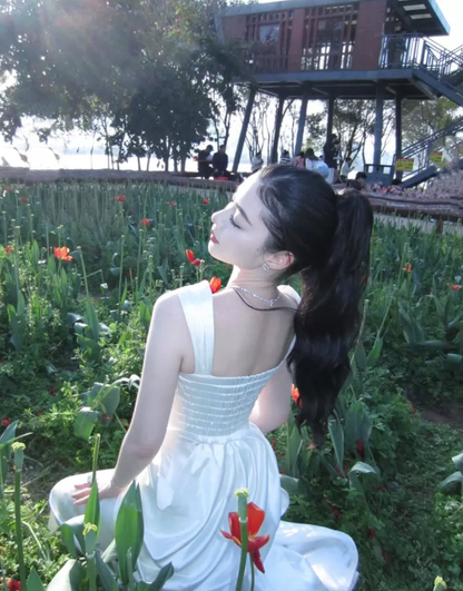 White Sheath Spaghetti Strap Pleated Satin Prom Dresses Outfits DP4198