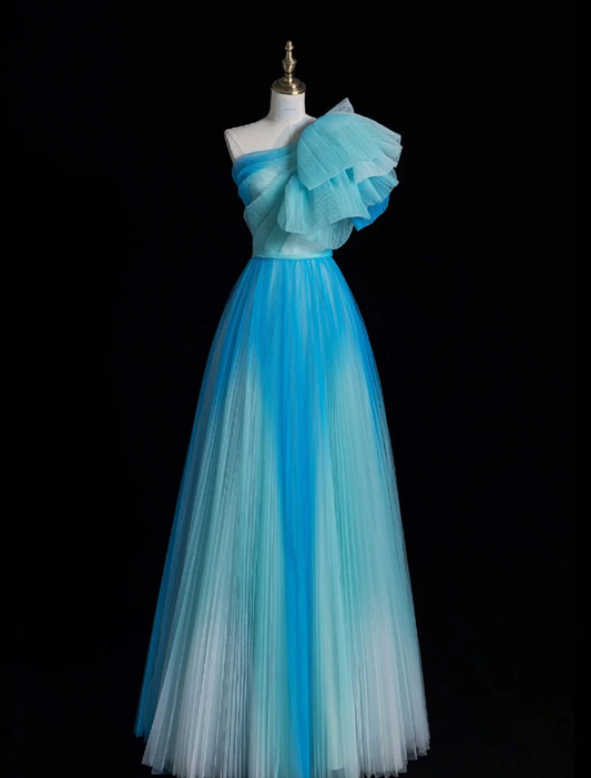 Unique A Line One Shoulder Blue Ombre Tulle Long Prom Dress Evening Dress DP2127