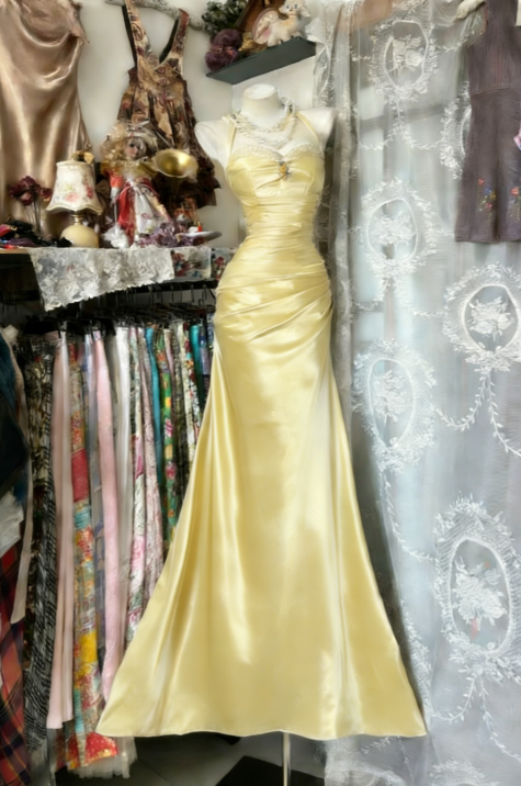 Vintage Halter Mermaid Long Prom Dresses Beaded Satin Blue Evening Dresses Birthday Dresses DP4596