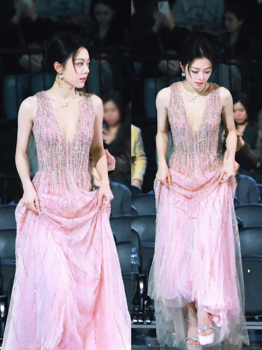 Gorgeous A Line V Neck Beaded Sequin Pink Tulle Long Party Dress Evening Dress DP2435
