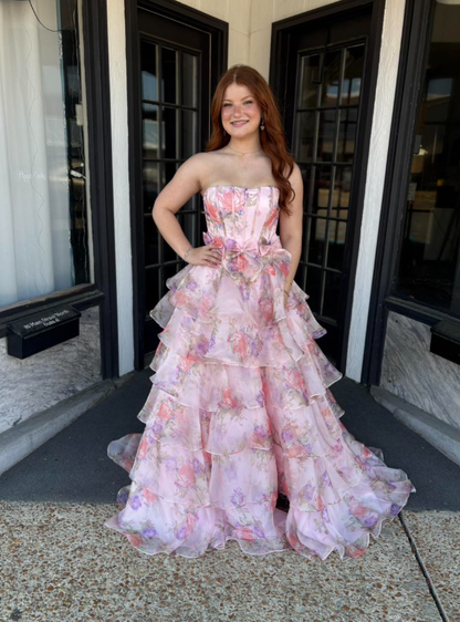 Sweety Pink A Line Strapless Corset Print Floral Layered Chiffon Prom Dress Party Evening Dress DP6297