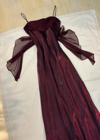 Vintage Dark Burgundy Simple Sheath Chiffon Satin Prom Dress Evening Dress Date Dress DP5284