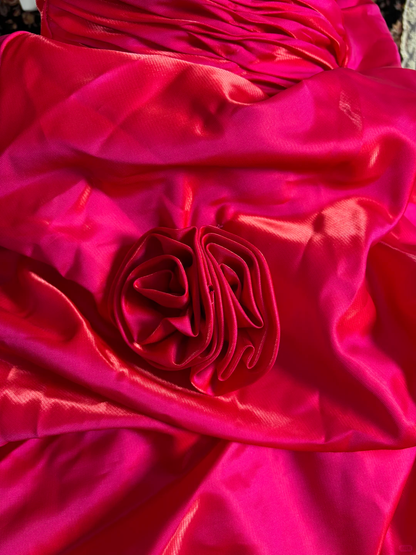 Vintage Hot Pink Ball Gown Strapless Pleated Satin Prom Dress Sweet 16 Dress DP5656