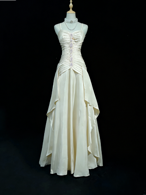 Vintage A Line Spaghetti Strap Beaded Pleated Bright Orange Satin Prom Dress Party Dress DP2765